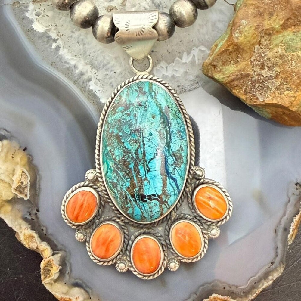 Sterling Southwestern Style Azurite Malachite & Spiny Oyster Decorated Pendant